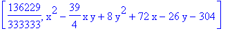 [136229/333333, x^2-39/4*x*y+8*y^2+72*x-26*y-304]